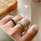 Sorbet Swirls Enamel & Diamond Swirls Stacker Ring Set in Matcha + Dark Green - Octonov 