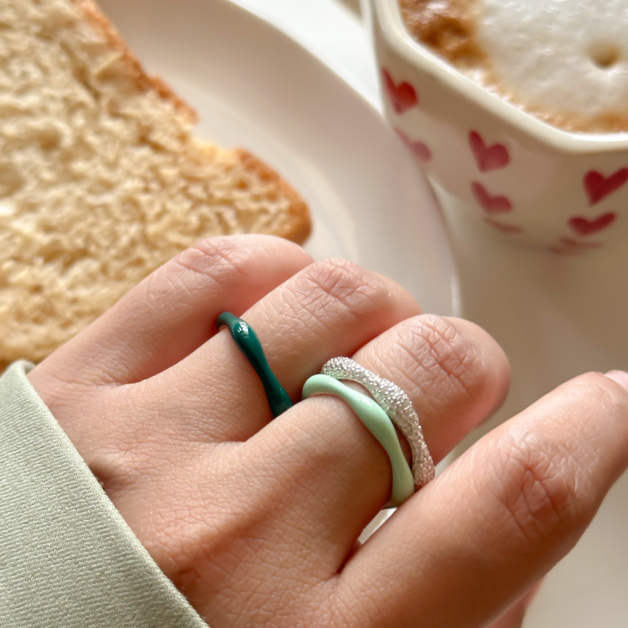 Sorbet Swirls Enamel & Diamond Swirls Stacker Ring Set in Matcha + Dark Green - Octonov 